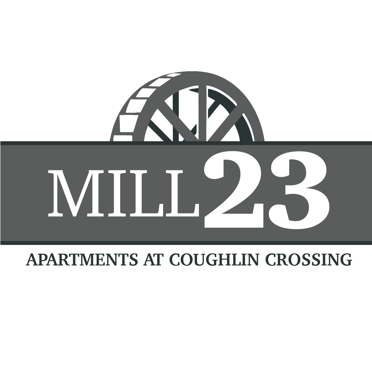 a graphic of a mill wheel with the words apartments at coughlin crossing